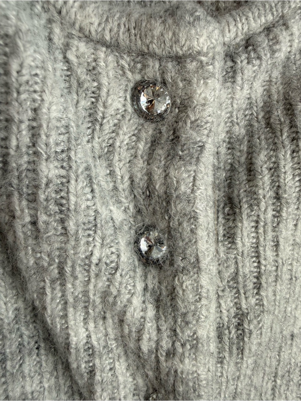 Cato Grey Puff Sleeve Rhinestone Button Ribbed Knit Cardigan - Picture 3 of 3